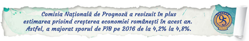 Comisia Națională de Prognoză a revizuit în plus estimarea privind creșterea economiei românești în acest an. Astfel, a majorat sporul de PIB pe 2016 de la 4,2% la 4,8%.